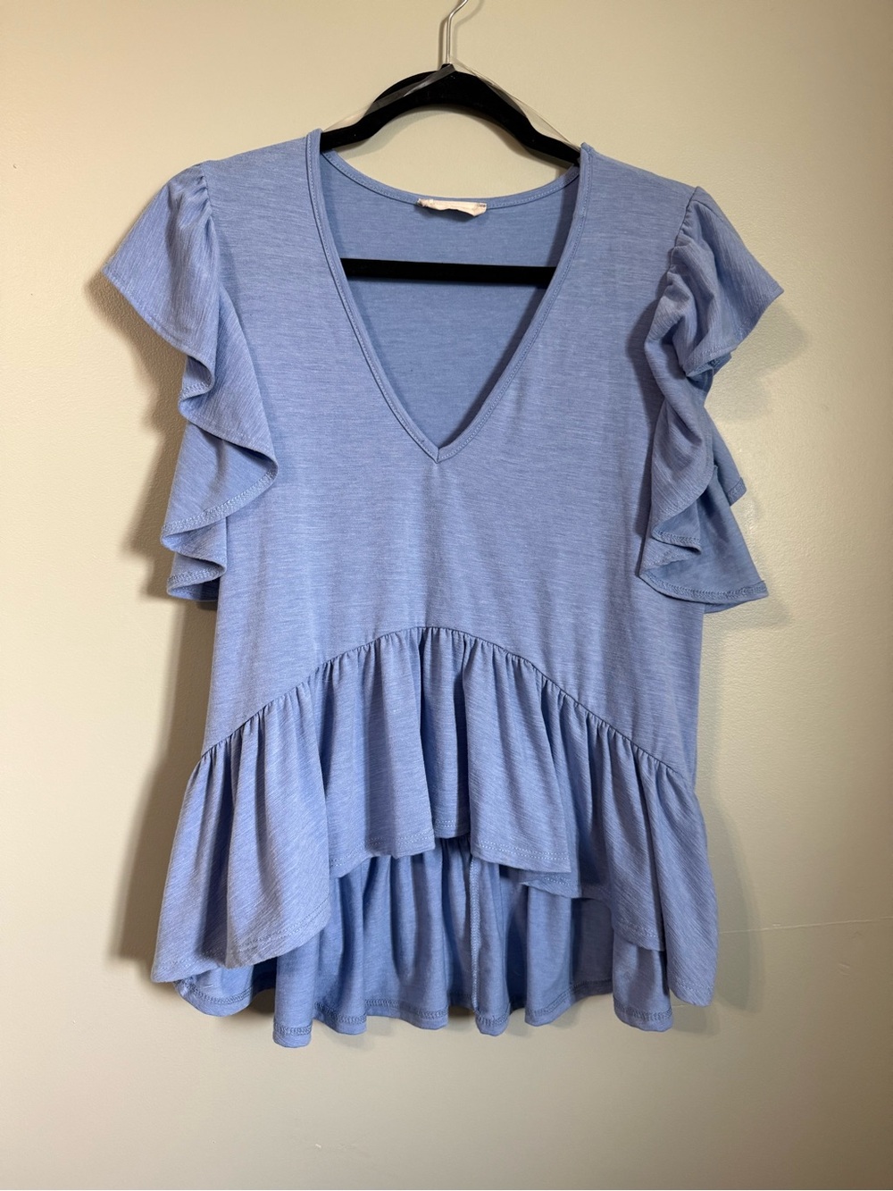 Altar'd State Dusty Blue Ruffle Sleeve Peplum Top
